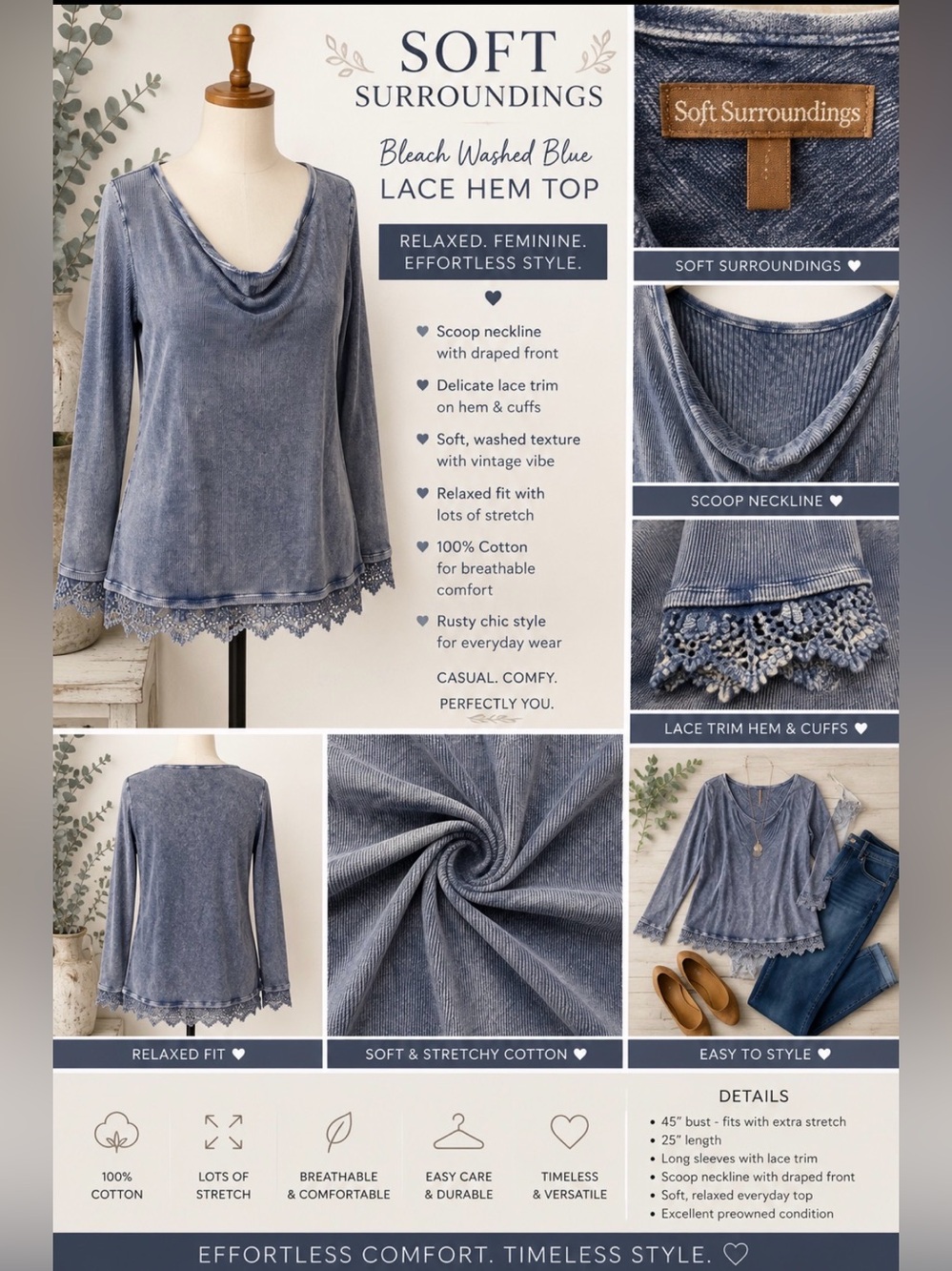 Soft Surroundings- bleach washed Blue Long-Sleeve Lace Hem Women's Top